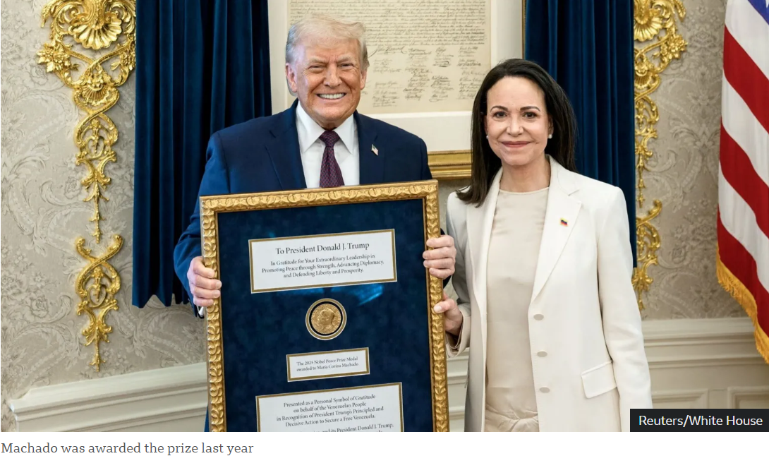 Venezuelan Nobel Peace Prize winner presents her medal to Trump
